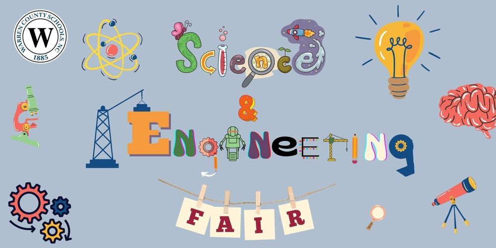 Shows science and engineering tools and symbols to spell Science and Engineering Fair. Warren County Schools, NC. 1885