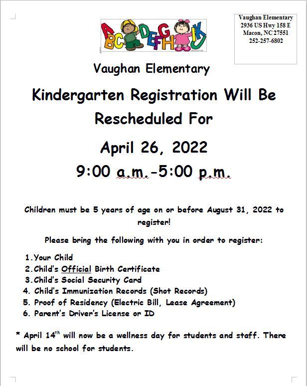 Kindergarten Registration Changed