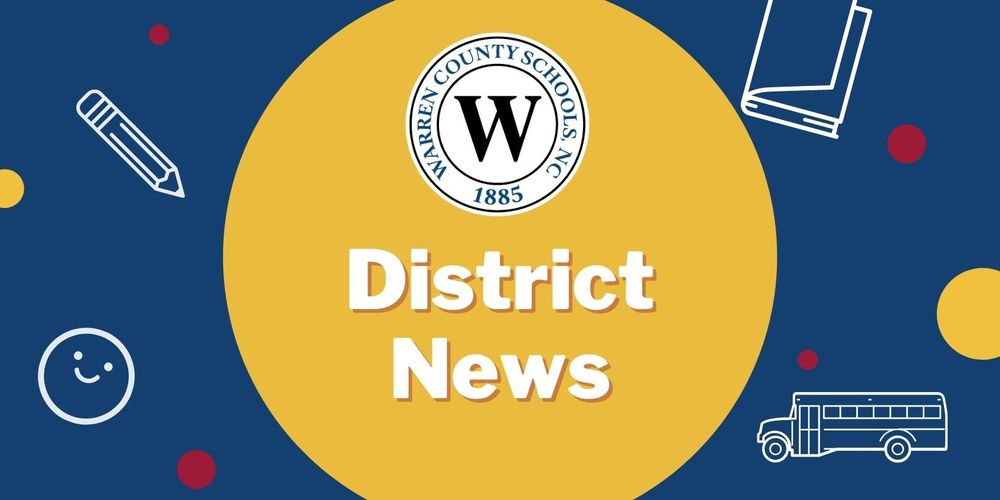 Text: District News. Images: pencil, book, school bus, smiley face, Warren County Schools logo