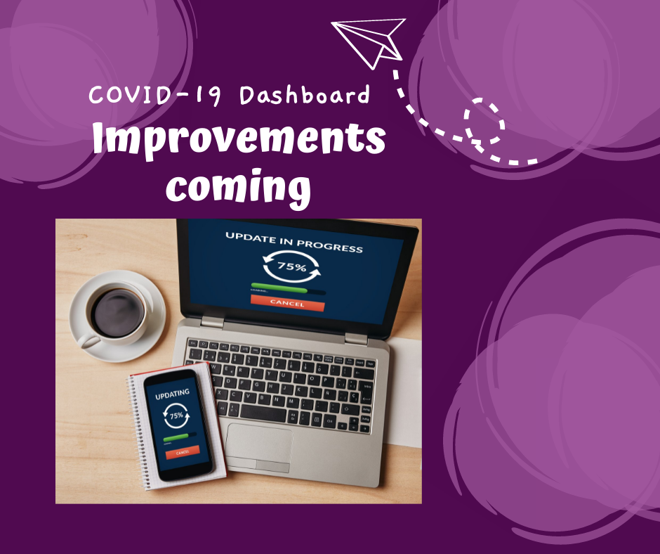 laptop and cell phone. screens show message "Update in progress." Text: COVID-19 Dashboard. Improvements coming