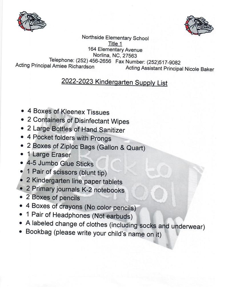 2022-2023 Kindergarten School Supply List