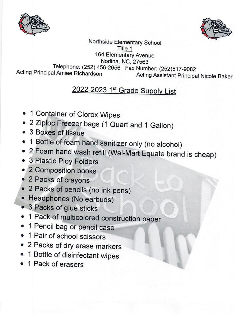 2022-2023 1st Grade School Supply List
