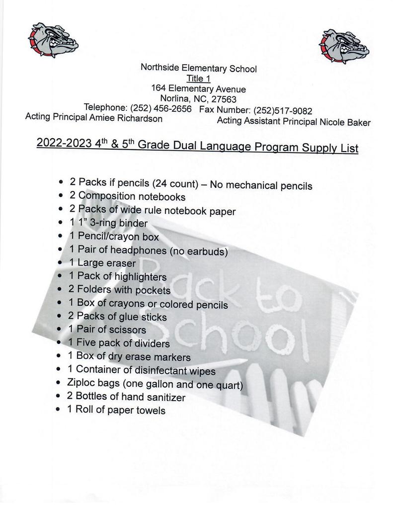 4th & 5th Grade Dual Language 2022-2023 School Supply List