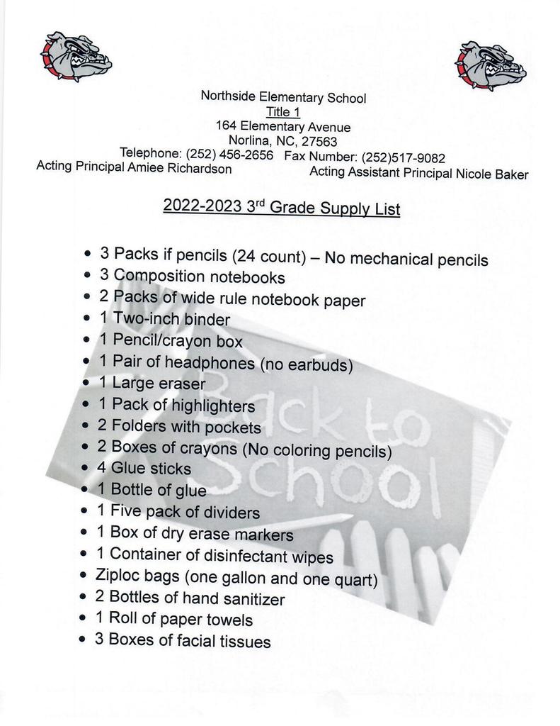 2022-2023 3rd Grade School Supply List