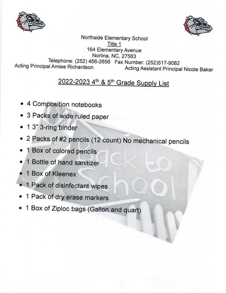 2022-2023 4th & 5th Grade School Supply List