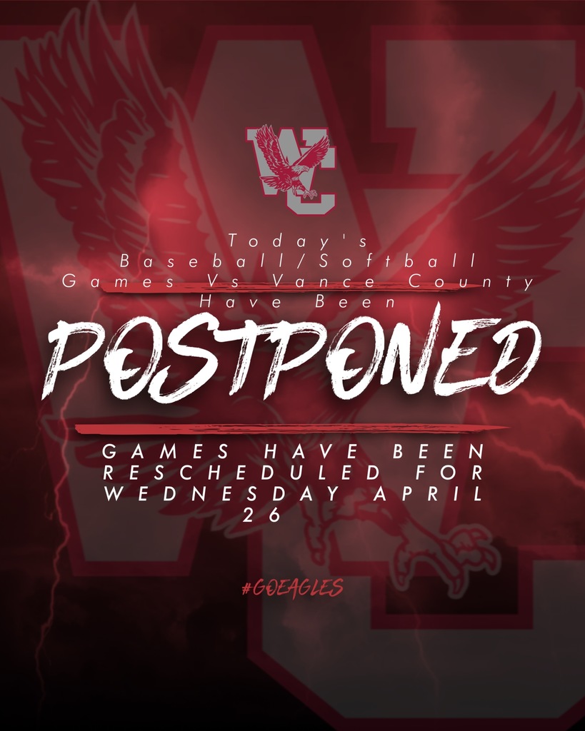 today's baseball/softball games vs vance county have been postponed. Games have been rescheduled for Wednesday April 26th.